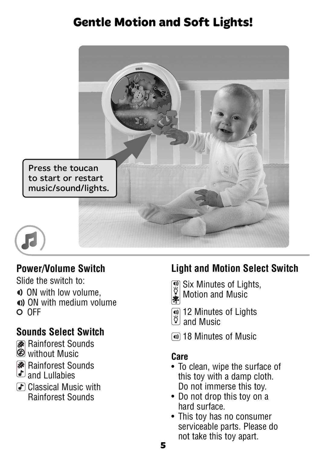 Fisher-Price K3800 instruction sheet Gentle Motion and Soft Lights, Care 