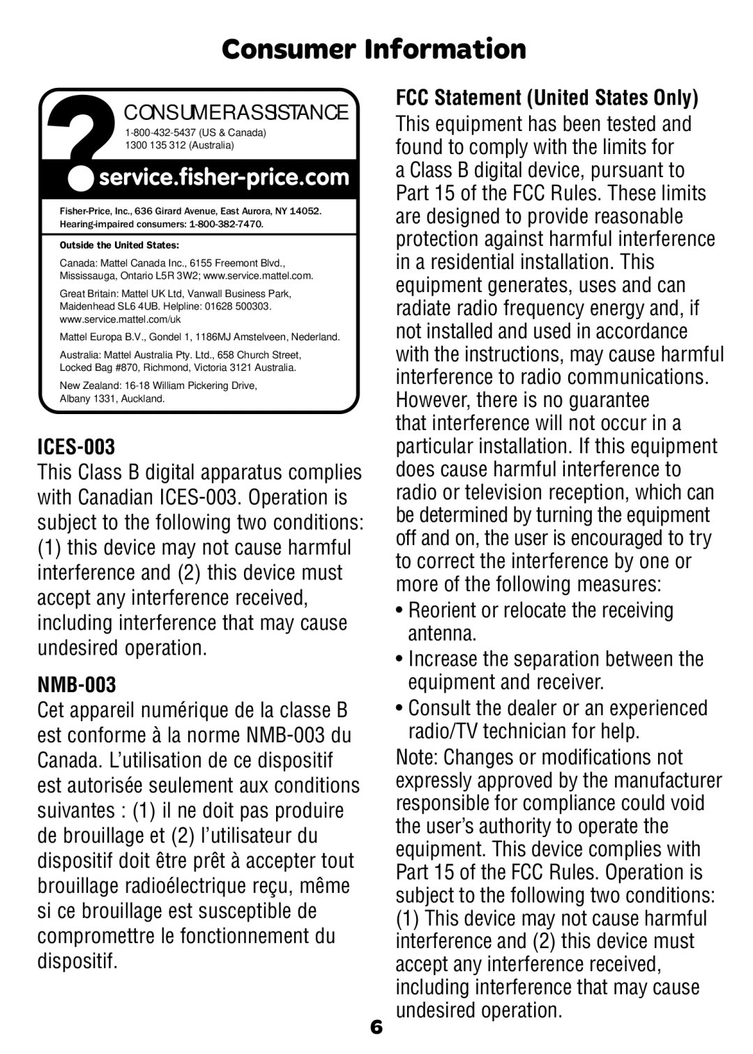 Fisher-Price K3800 instruction sheet Consumer Information, ICES-003, NMB-003, FCC Statement United States Only 