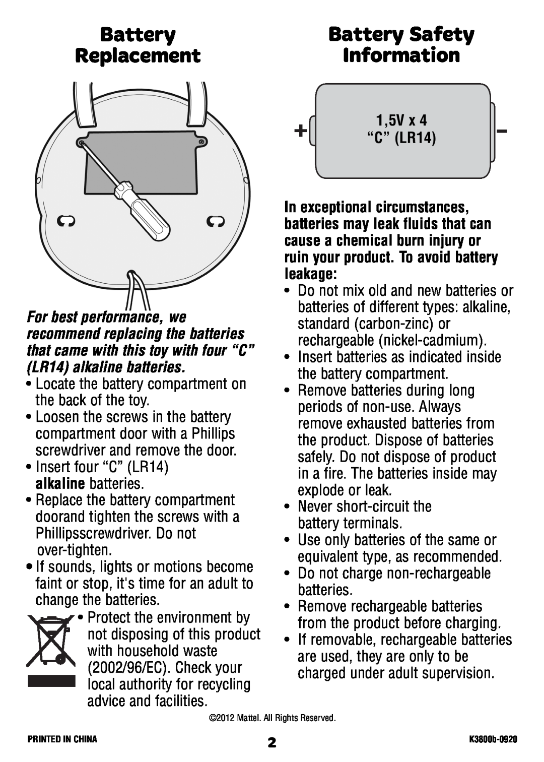Fisher-Price K3800 instruction sheet Battery Safety, 1,5V x “C” LR14, Information, Replacement 