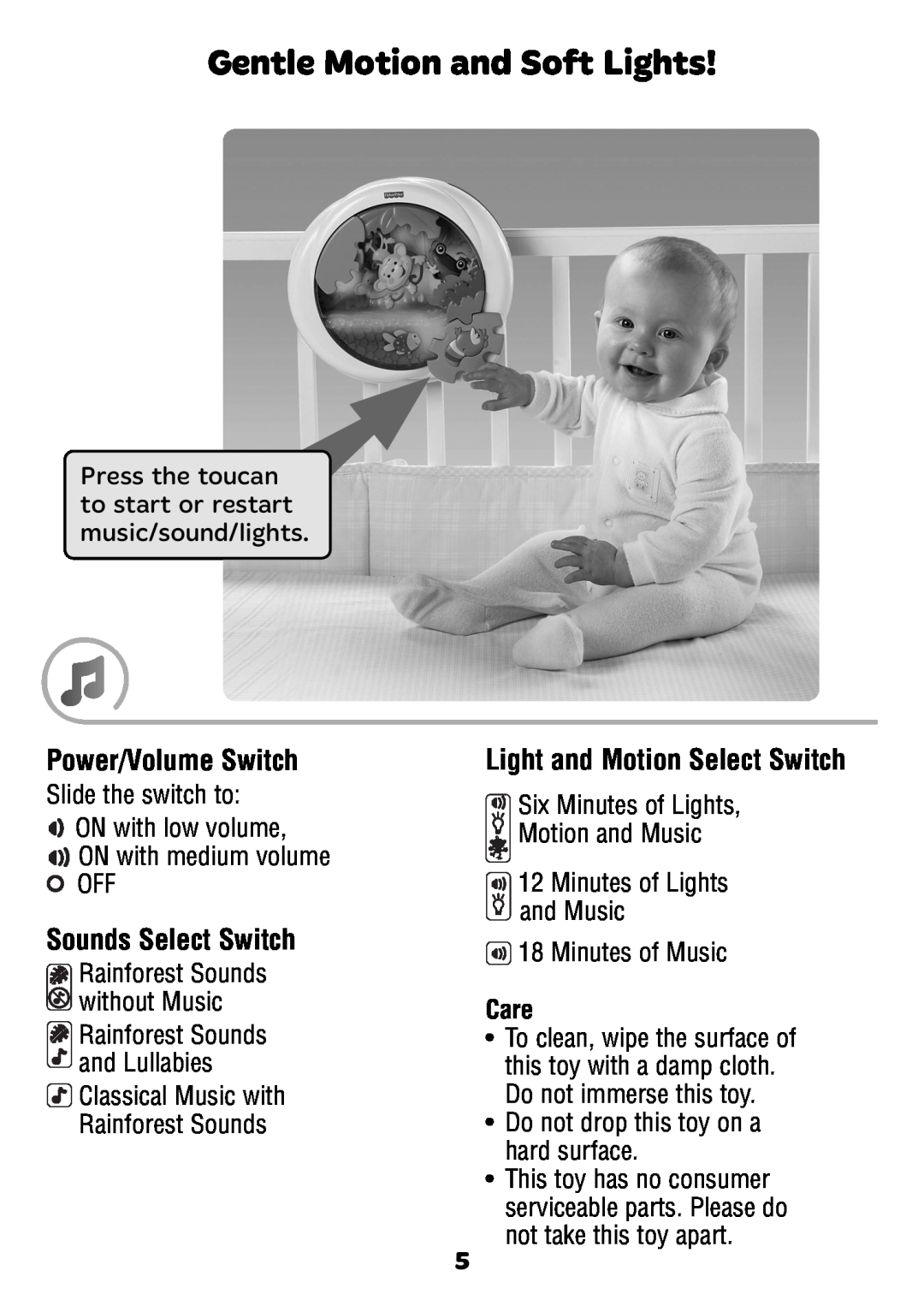 Fisher-Price K3800 instruction sheet Gentle Motion and Soft Lights, Care, Power/Volume Switch, Sounds Select Switch 