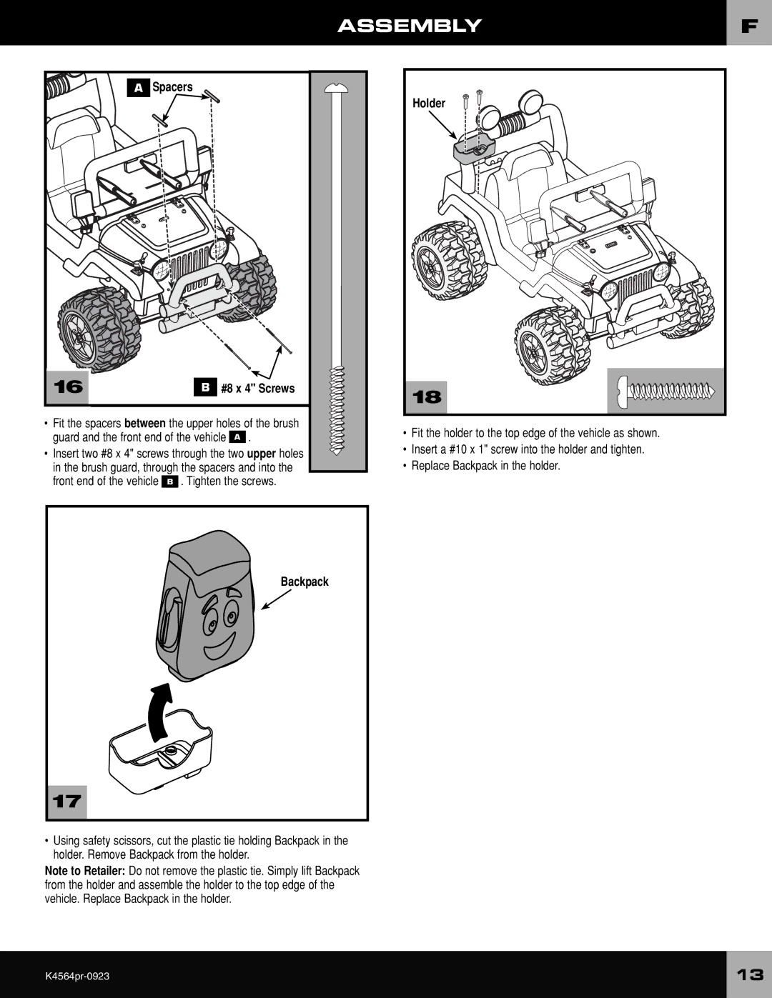 Fisher-Price K4564 owner manual Spacers, Holder, Backpack 