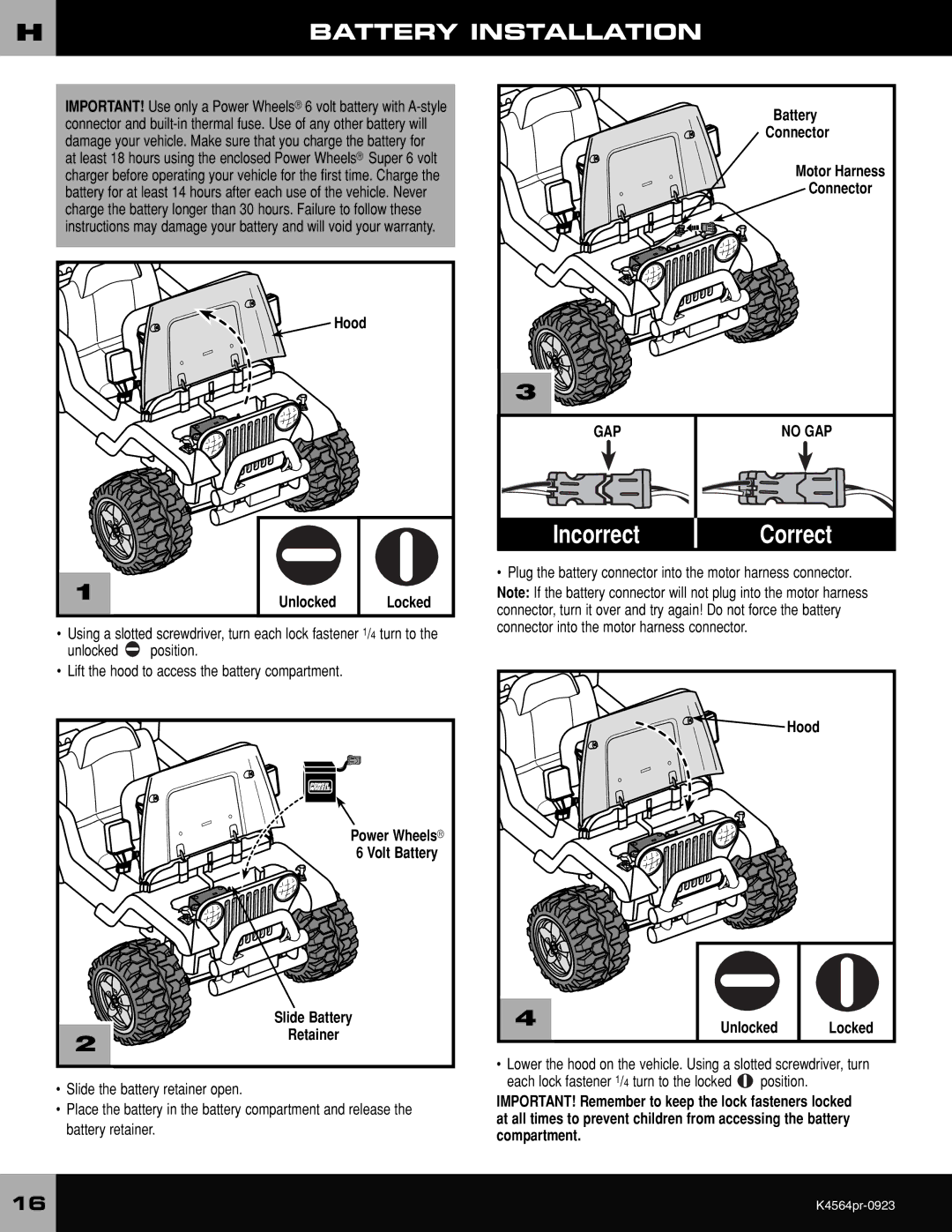 Fisher-Price K4564 Battery Installation, Hood Unlocked, Power Wheels Volt Battery, Battery Connector Motor Harness 