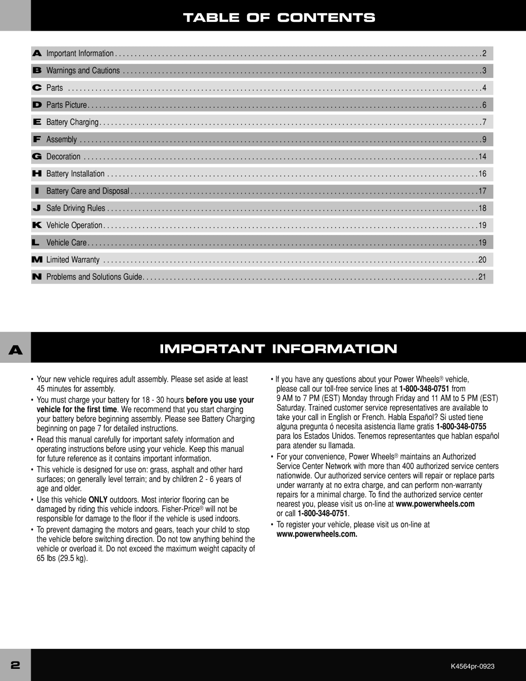 Fisher-Price K4564 owner manual Table of Contents, Important Information 