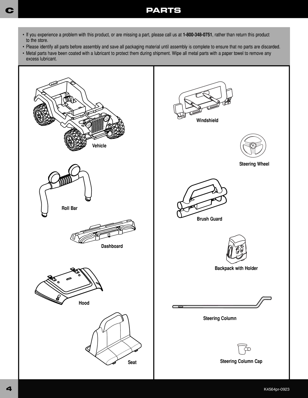 Fisher-Price K4564 owner manual Cparts, Windshield 