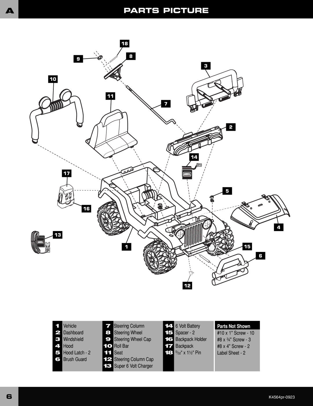 Fisher-Price K4564 owner manual Parts Picture, Vehicle Steering Column Volt Battery, Dashboard Steering Wheel Spacer 