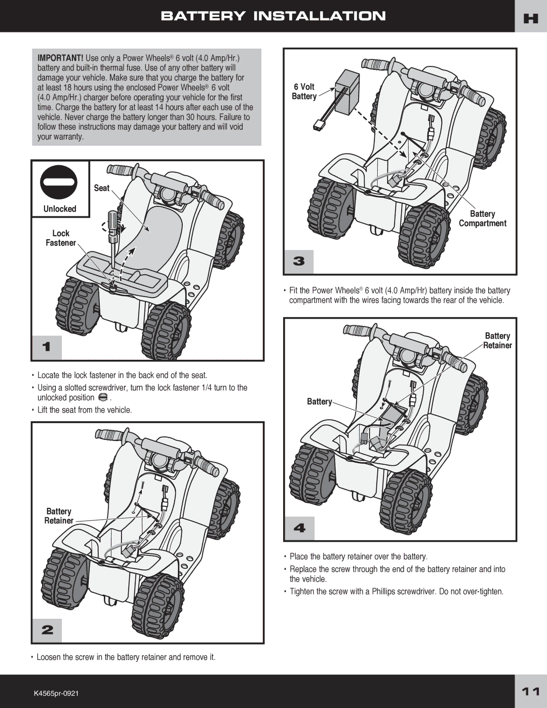 Fisher-Price K4565 Battery Installation, Volt Battery Unlocked Lock Fastener Seat Compartment, Battery Retainer 