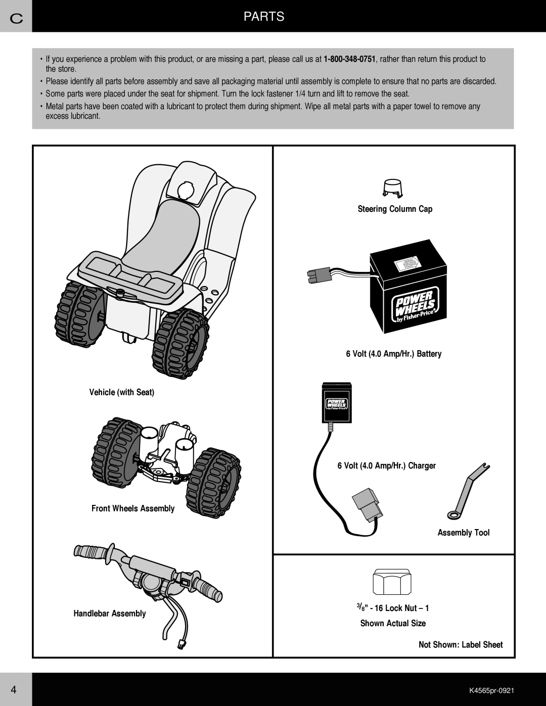 Fisher-Price K4565 owner manual Cparts, Steering Column Cap, Not Shown Label Sheet 