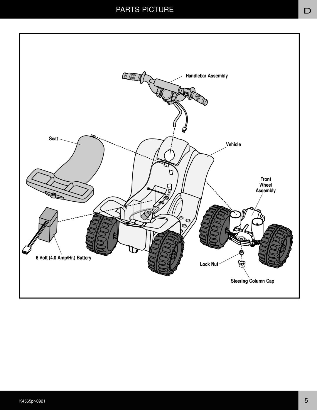 Fisher-Price K4565 owner manual Seat, Vehicle, Volt 4.0 Amp/Hr. Battery, Lock Nut 