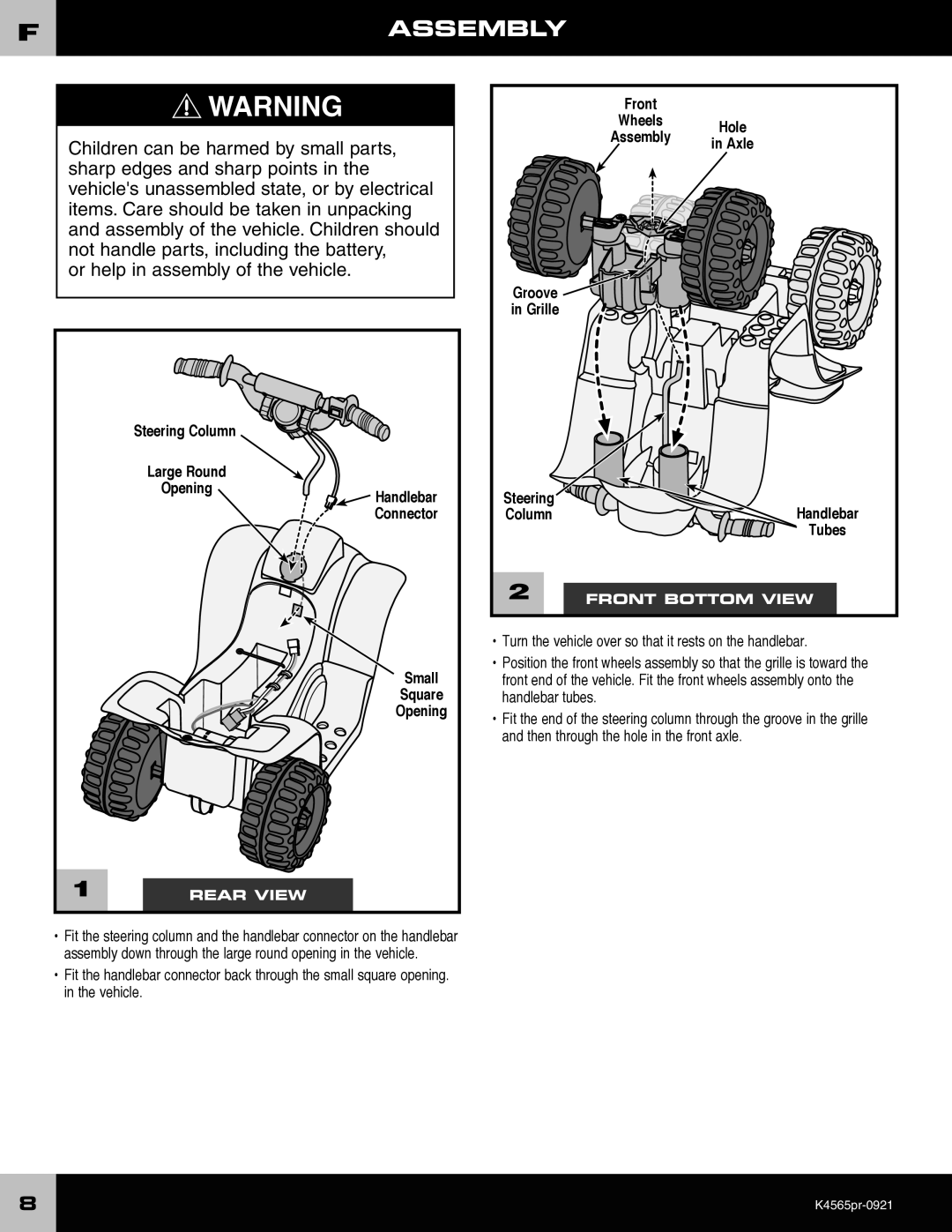 Fisher-Price K4565 owner manual Fassembly, Groove Grille Steering ColumnHandlebar Tubes 