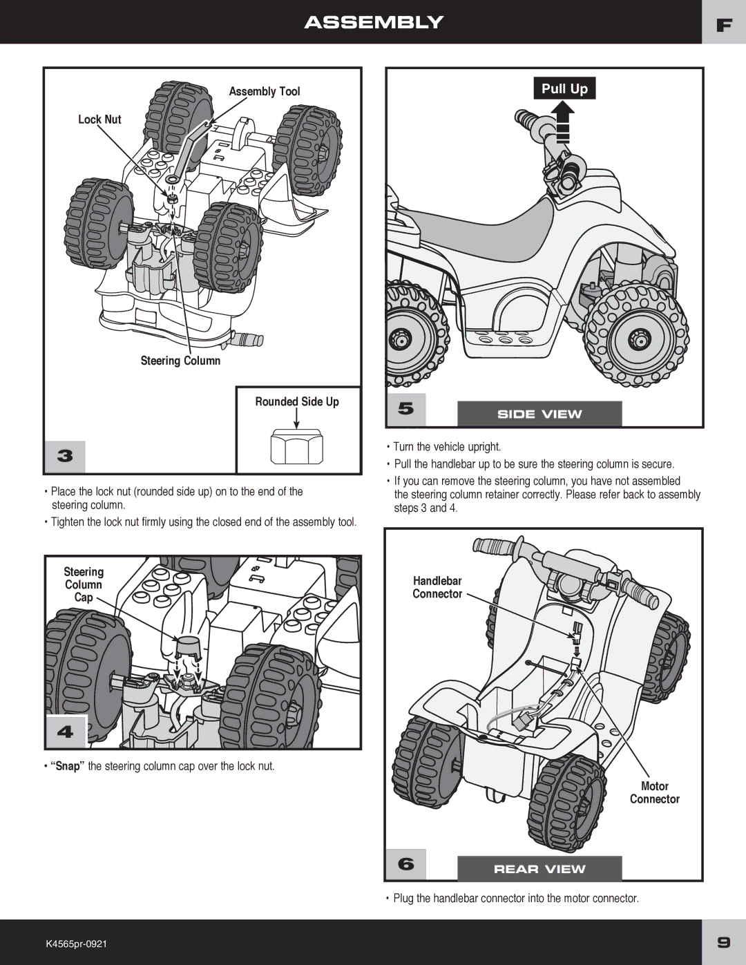 Fisher-Price K4565 Assemblyf, Assembly Tool Lock Nut, Steering Column Rounded Side Up, Handlebar Connector Motor 