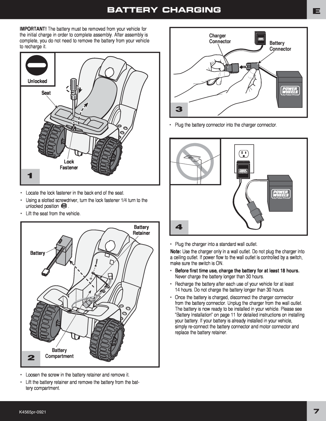 Fisher-Price K4565 owner manual Battery Charging, Seat, Charger Connector Battery Connector 