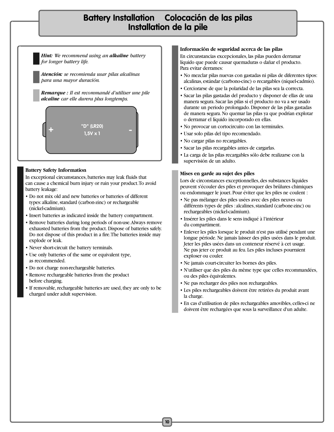 Fisher-Price K5502 manual Battery Safety Information, Información de seguridad acerca de las pilas 