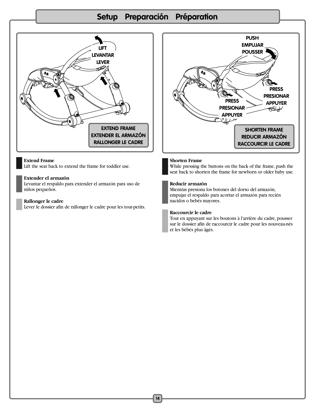 Fisher-Price K5502 manual Extend Frame, Extender el armazón, Rallonger le cadre, Shorten Frame, Reducir armazón 