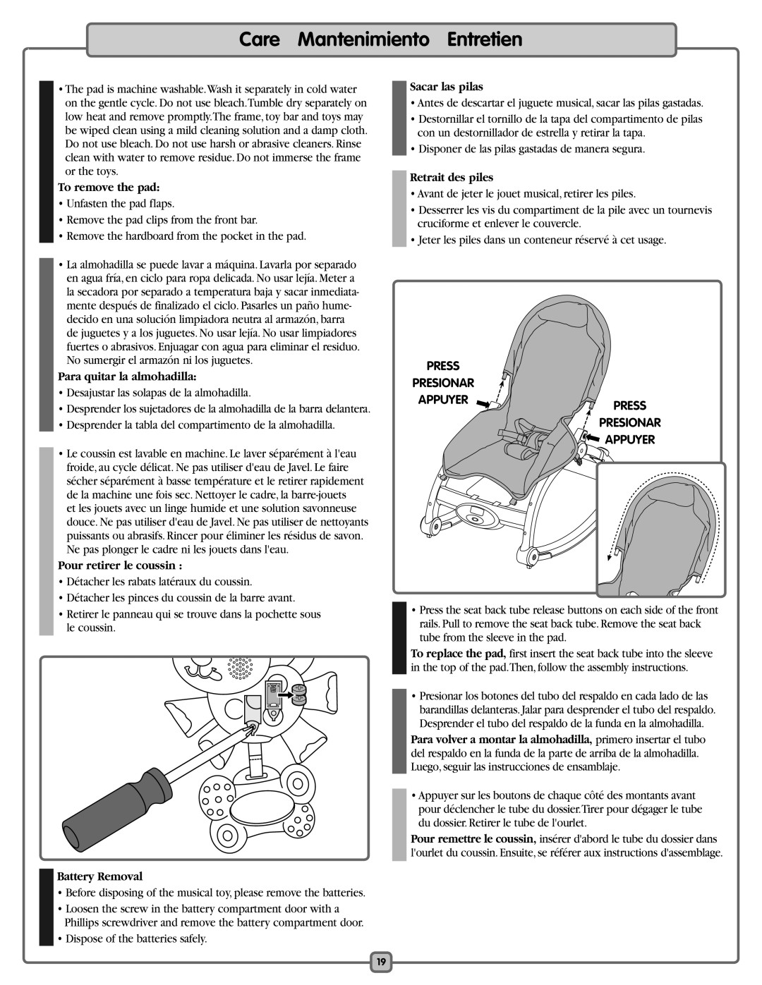 Fisher-Price K5502 manual Care Mantenimiento Entretien 