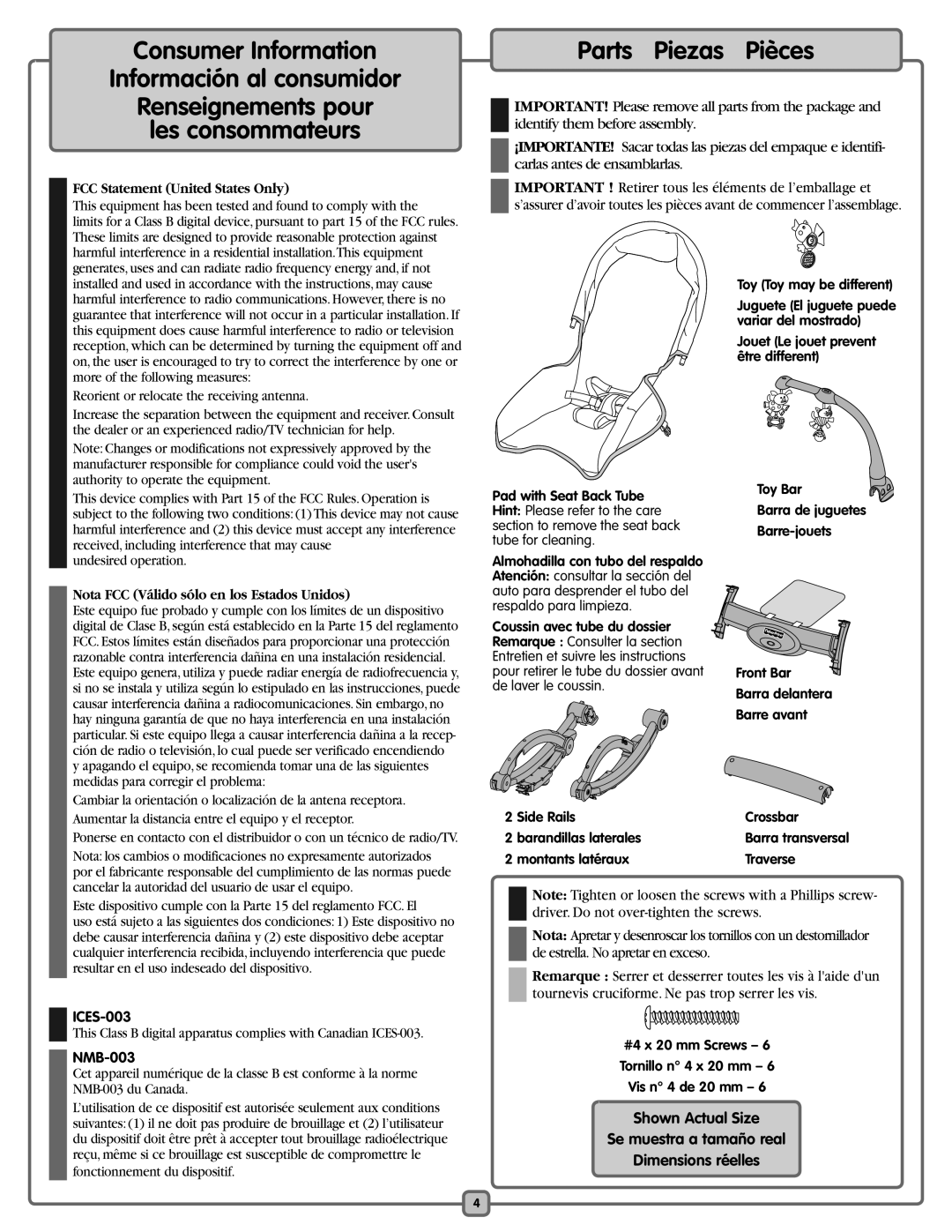 Fisher-Price K5502 manual Parts Piezas Pièces, FCC Statement United States Only, Nota FCC Válido sólo en los Estados Unidos 