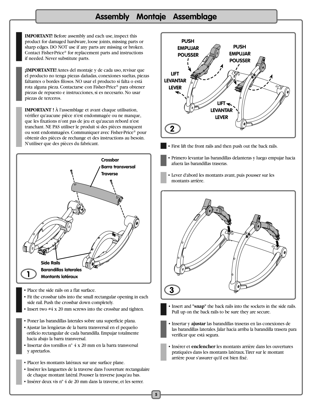 Fisher-Price K5502 manual Assembly Montaje Assemblage, Push Empujarpush Pousserempujar Lift Levantar Lever 