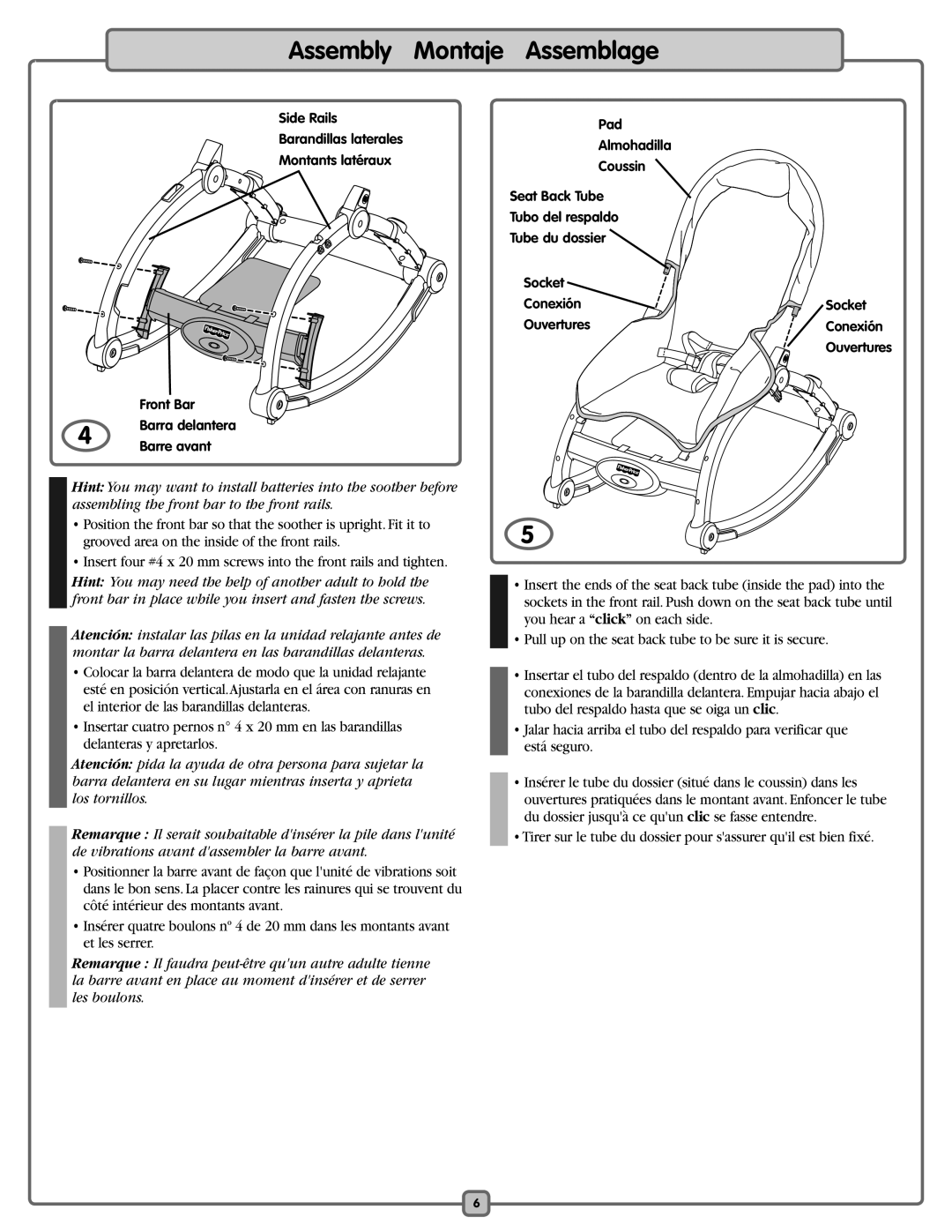 Fisher-Price K5502 manual Side Rails Barandillas laterales Montants latéraux Front Bar 