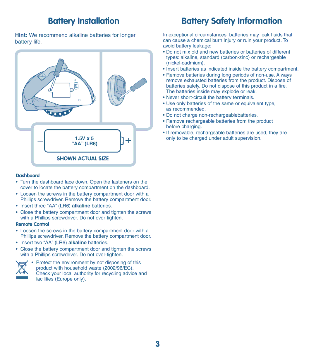 Fisher-Price K5520 manual Battery Installation, Battery Safety Information 