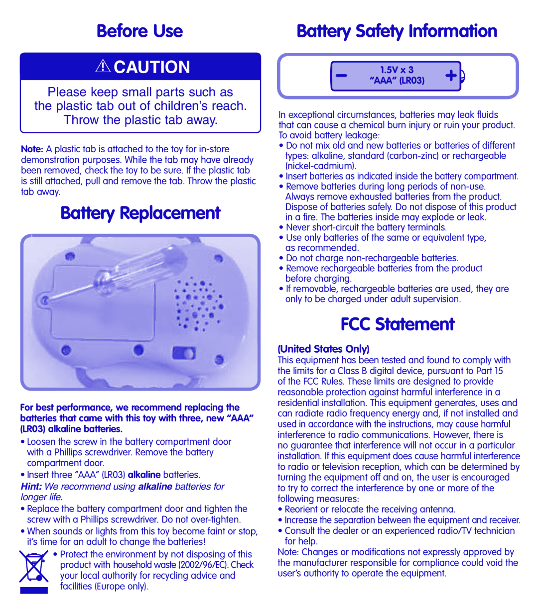 Fisher-Price K6422 instruction sheet Before Use, Battery Replacement, FCC Statement, 5V x AAA LR03 