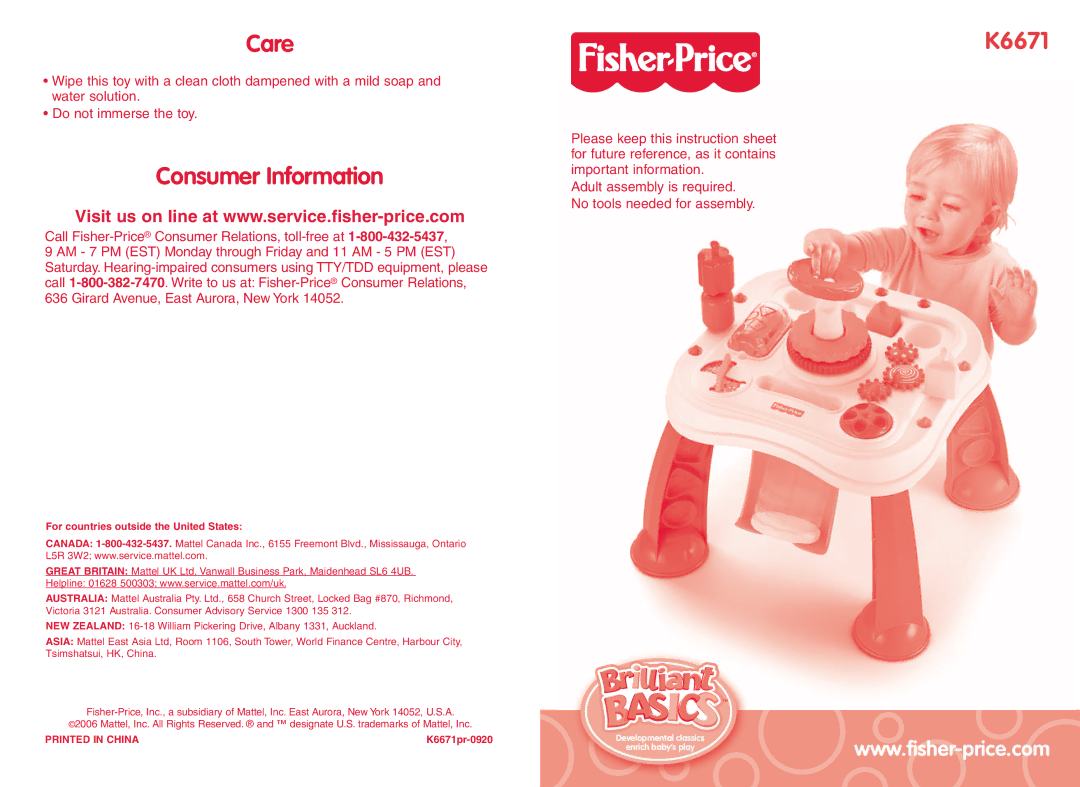 Fisher-Price instruction sheet Care, Consumer Information, For countries outside the United States, K6671pr-0920 