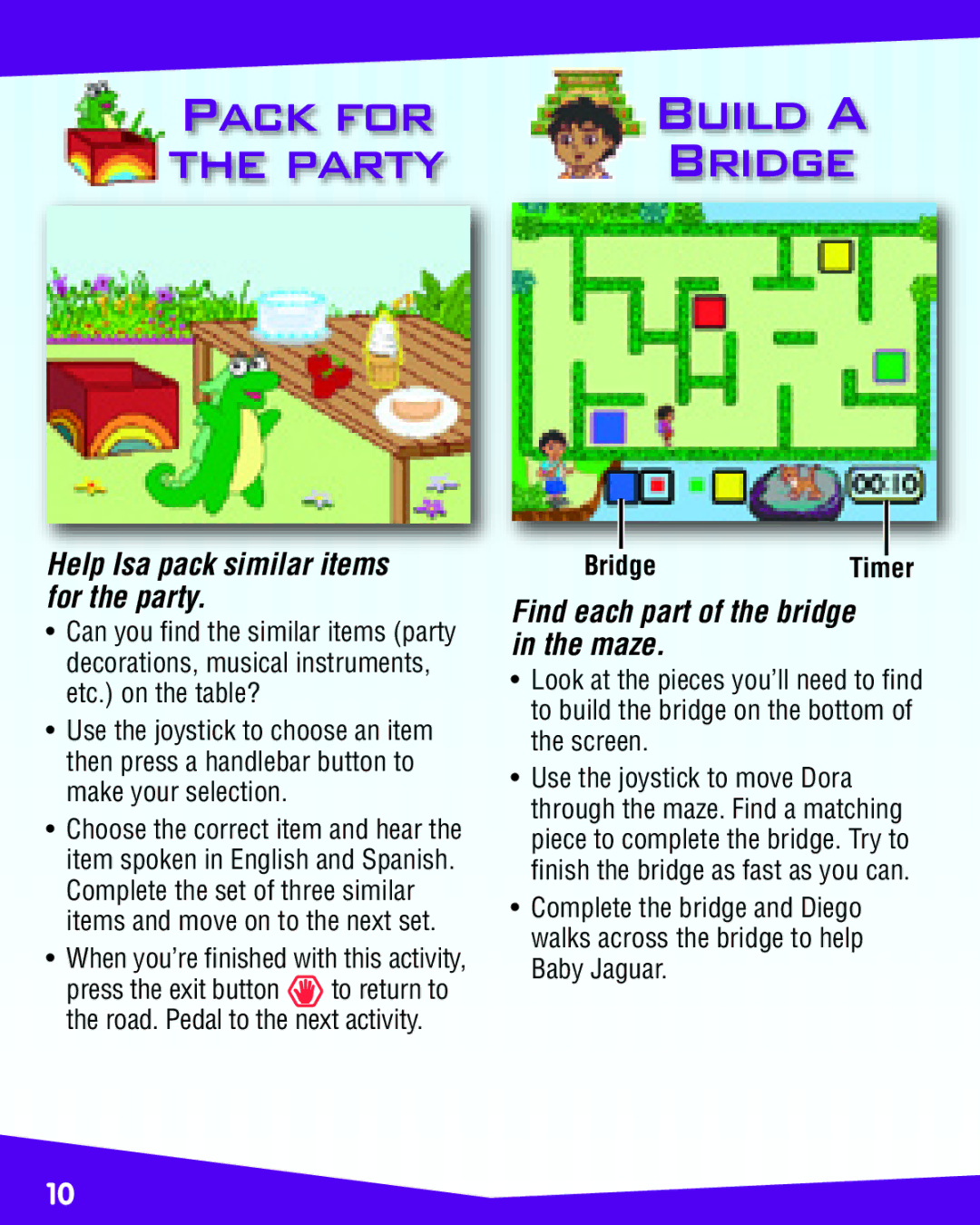 Fisher-Price K6689 manual Pack for, Help Isa pack similar items for the party, Find each part of the bridge in the maze 