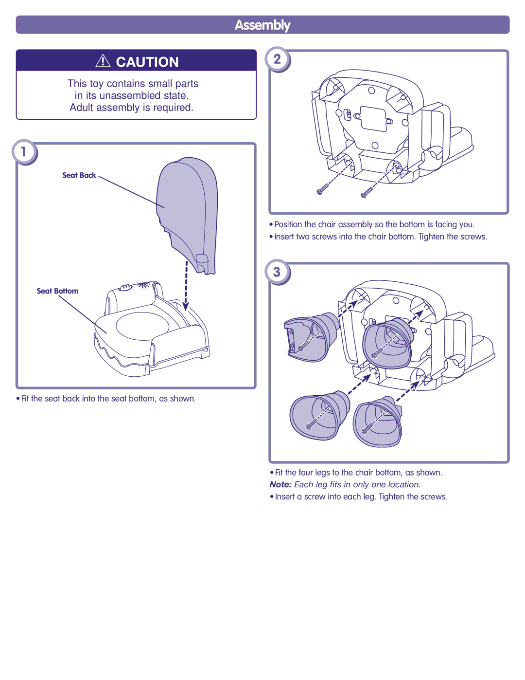 Fisher-Price K7273 instruction sheet Assembly, Seat Back Seat Bottom 