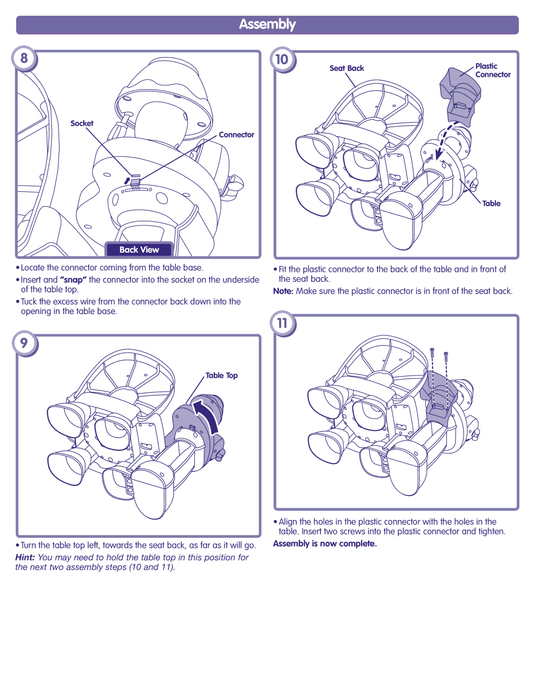 Fisher-Price K7273 instruction sheet Back View, Assembly is now complete, Plastic, Socket Connector 