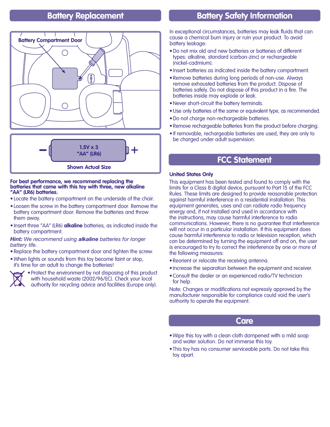 Fisher-Price K7273 Battery Replacement, Battery Safety Information, FCC Statement, Care, United States Only 