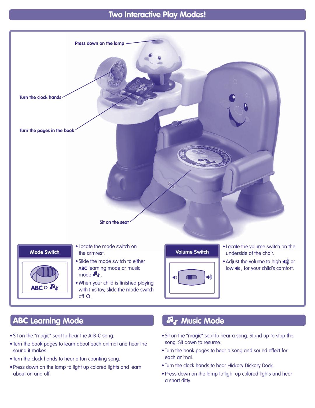 Fisher-Price K7273 instruction sheet Two Interactive Play Modes, Learning Mode, Music Mode, Mode Switch, Volume Switch 