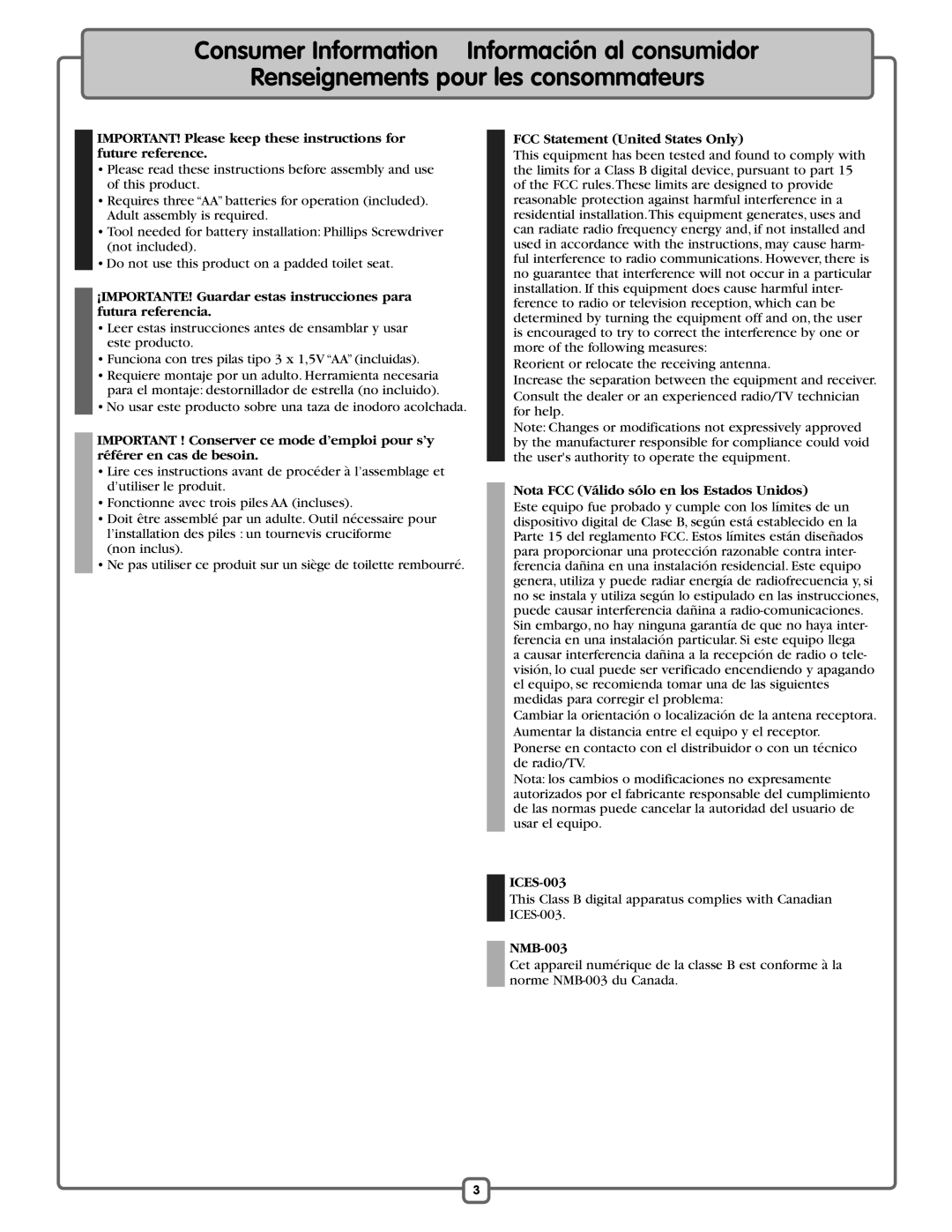 Fisher-Price K7376 manual FCC Statement United States Only, Nota FCC Válido sólo en los Estados Unidos, ICES-003, NMB-003 