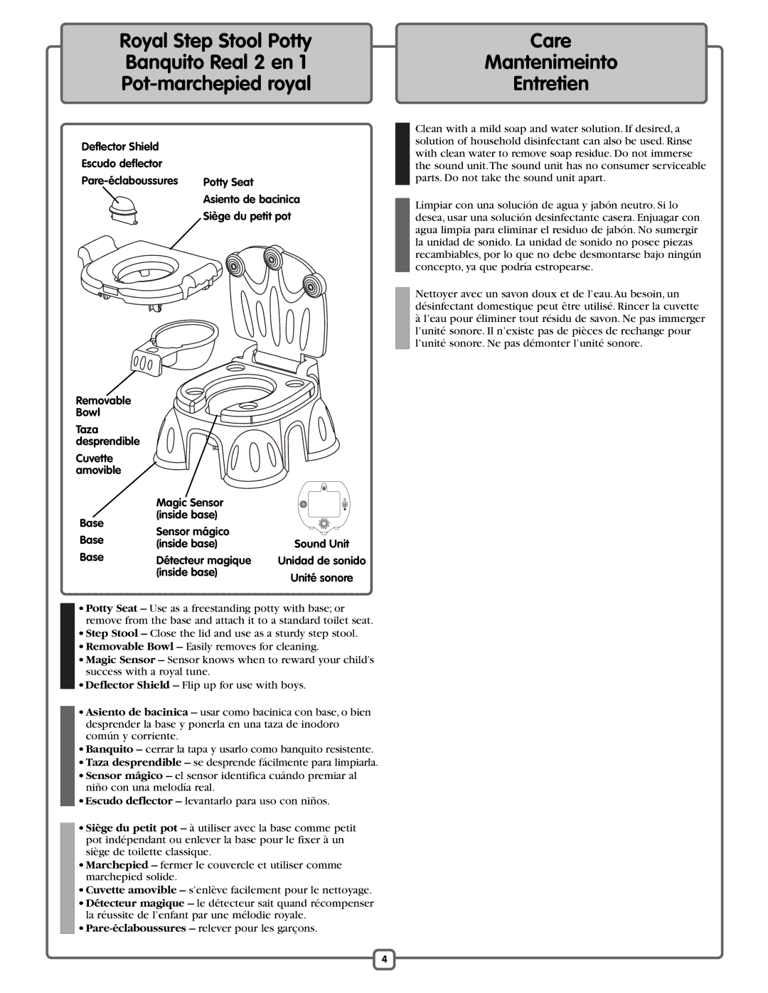 Fisher-Price K7376 manual Care Mantenimeinto Entretien, Siège du petit pot, Removable Bowl, Base Détecteur magique 