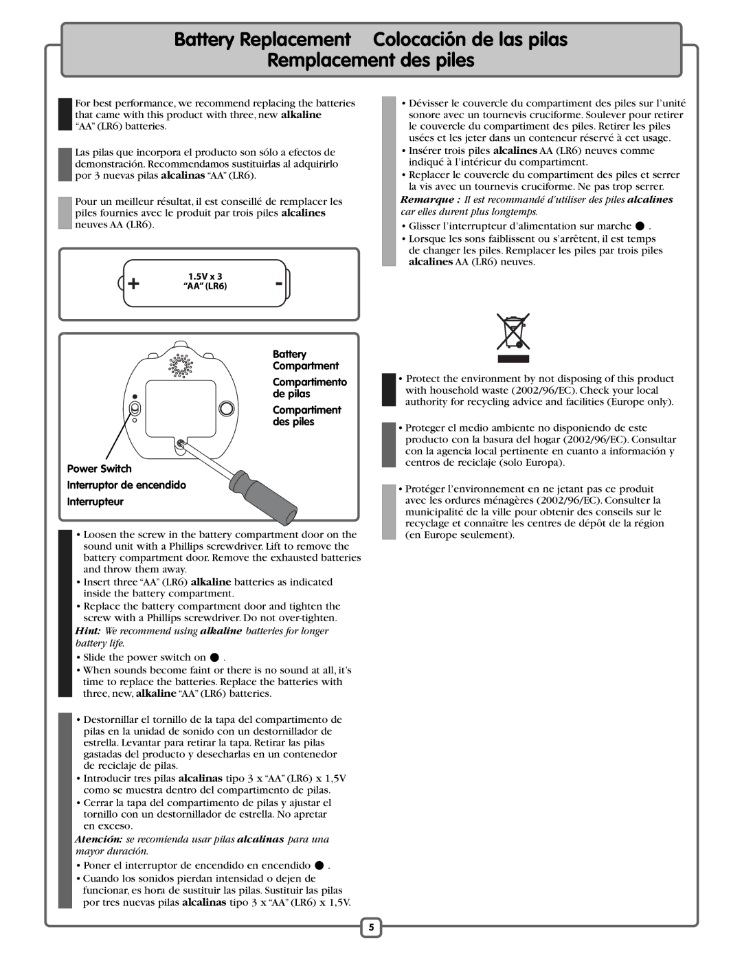 Fisher-Price K7376 manual Power Switch Interruptor de encendido Interrupteur 