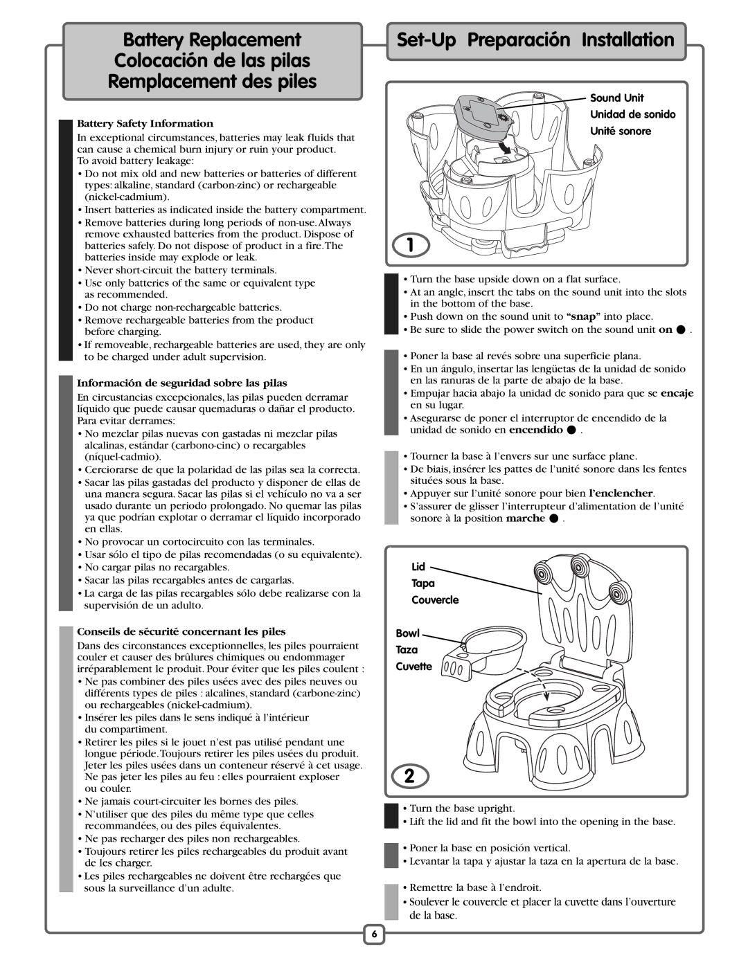 Fisher-Price K7376 Set-Up Preparación Installation, Battery Safety Information, Información de seguridad sobre las pilas 