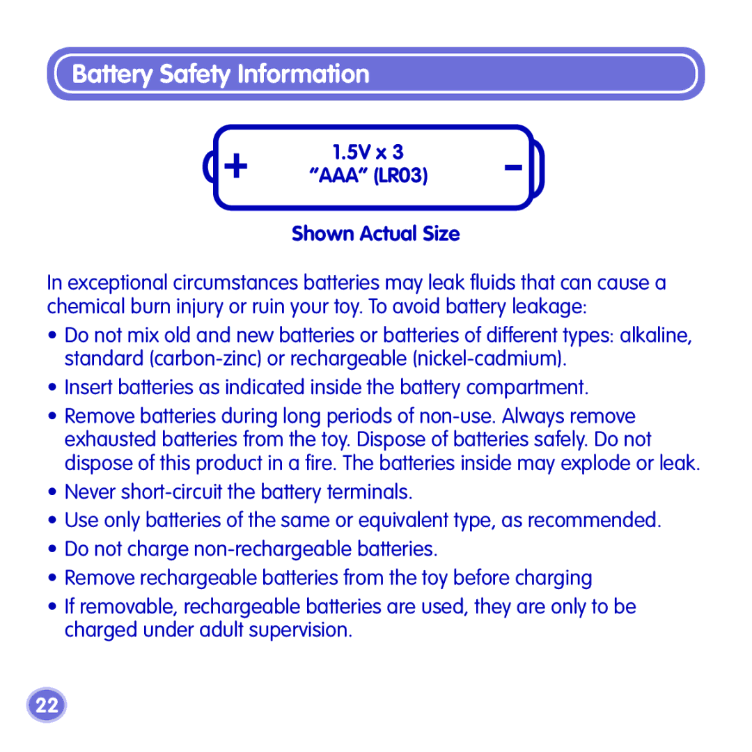 Fisher-Price K7857 manual Battery Safety Information, 5V x AAA LR03 Shown Actual Size 