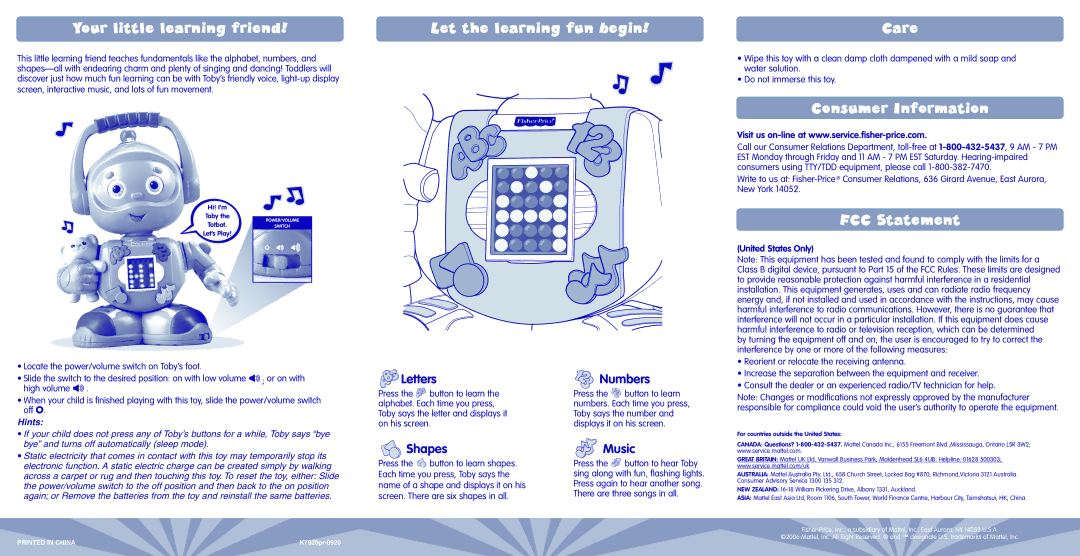 Fisher-Price K7926 Your little learning friend Let the learning fun begin, Consumer Information, FCC Statement 