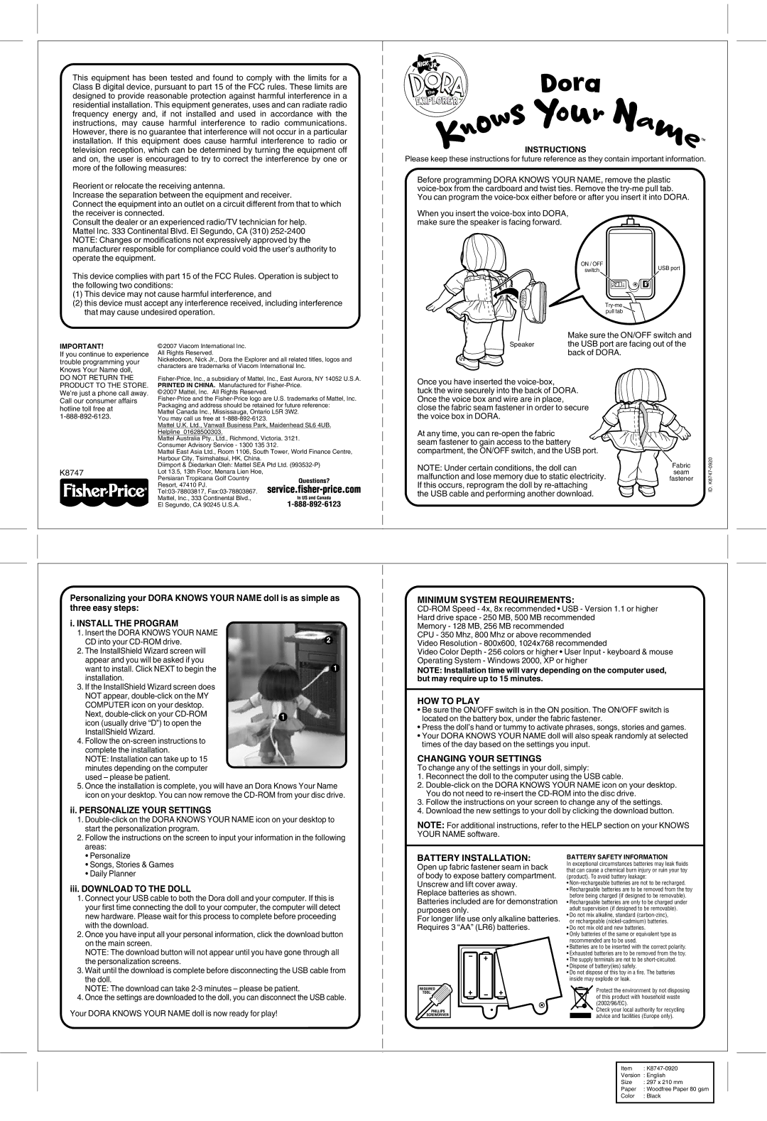 Fisher-Price K8747-0920 manual Minimum System Requirements, HOW to Play, Changing Your Settings, Battery Installation 