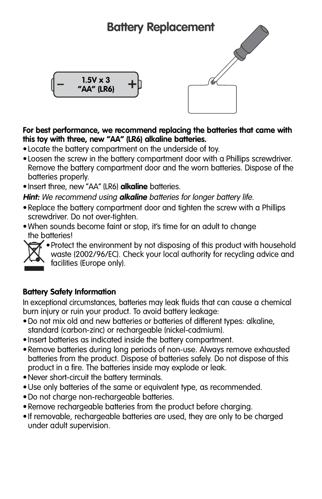 Fisher-Price K8845 instruction sheet Battery Replacement, Battery Safety Information 