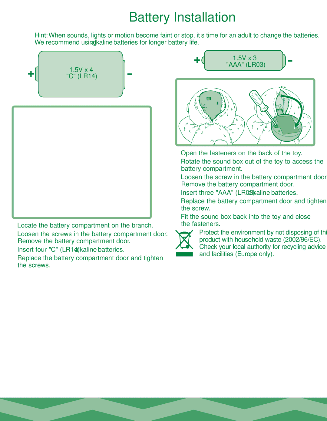 Fisher-Price K9703 manual Battery Installation, 5V x AAA LR03 LR14 