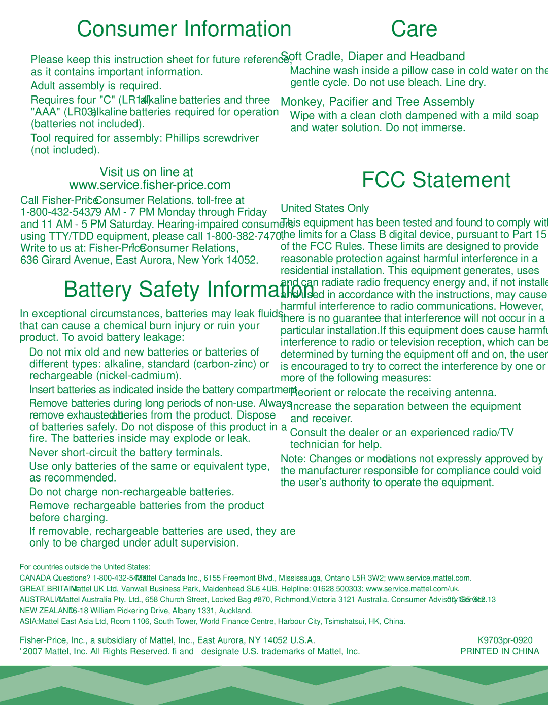 Fisher-Price K9703 manual Consumer Information, FCC Statement, United States Only 