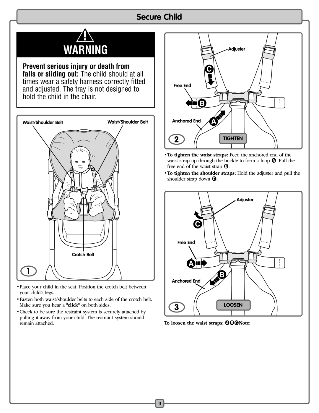 Fisher-Price L0542 manual Secure Child, To loosen the waist straps ABCNote 