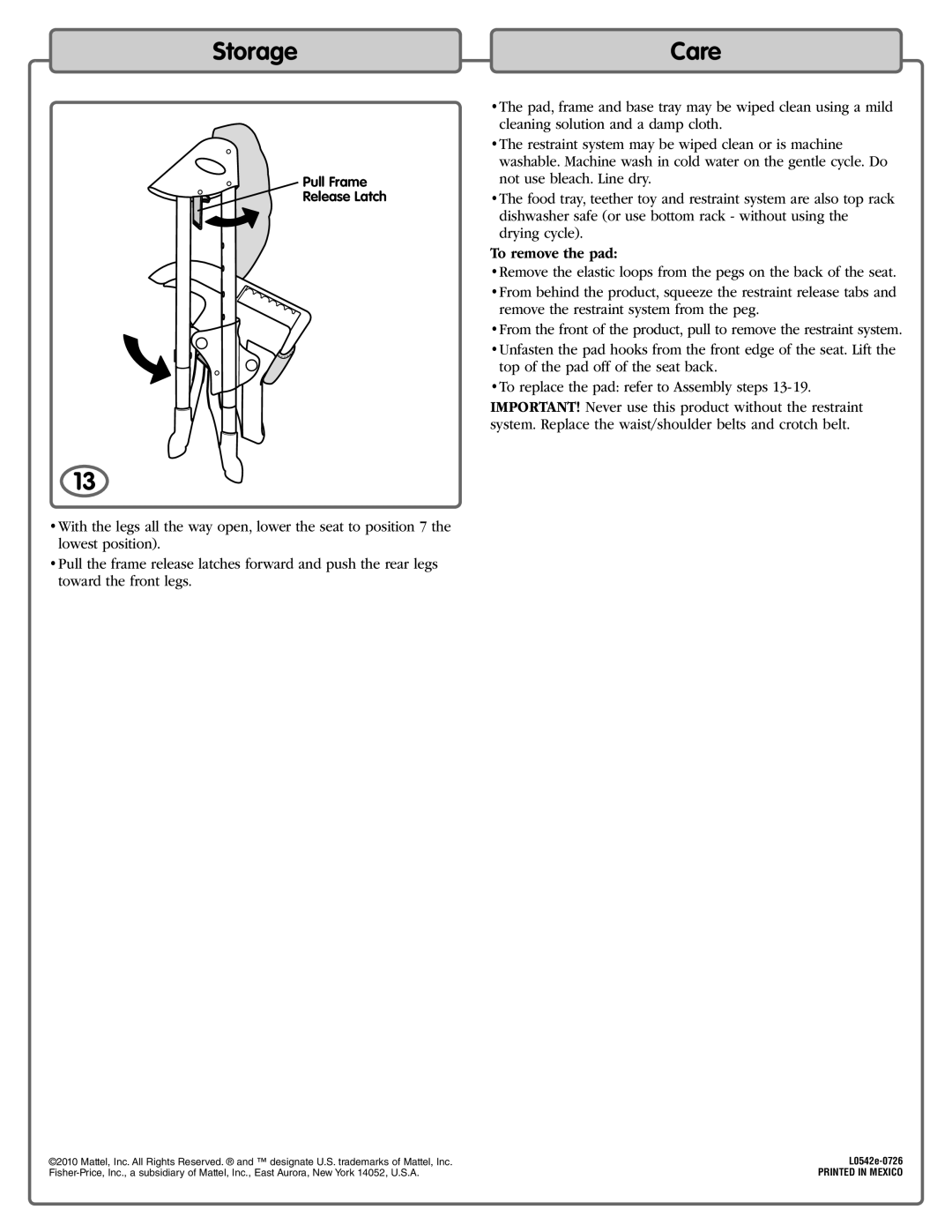 Fisher-Price L0542 manual Storage, To remove the pad 