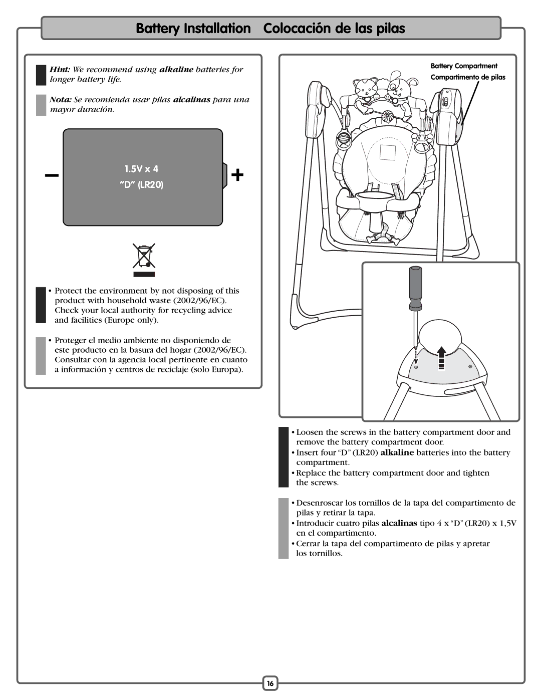 Fisher-Price L1154 manual Battery Installation Colocación de las pilas, 5V x LR20 