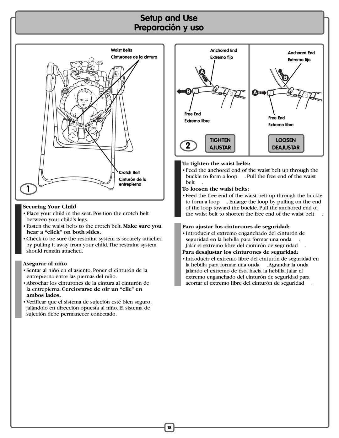 Fisher-Price L1154 manual To tighten the waist belts, To loosen the waist belts Securing Your Child, Asegurar al niño 