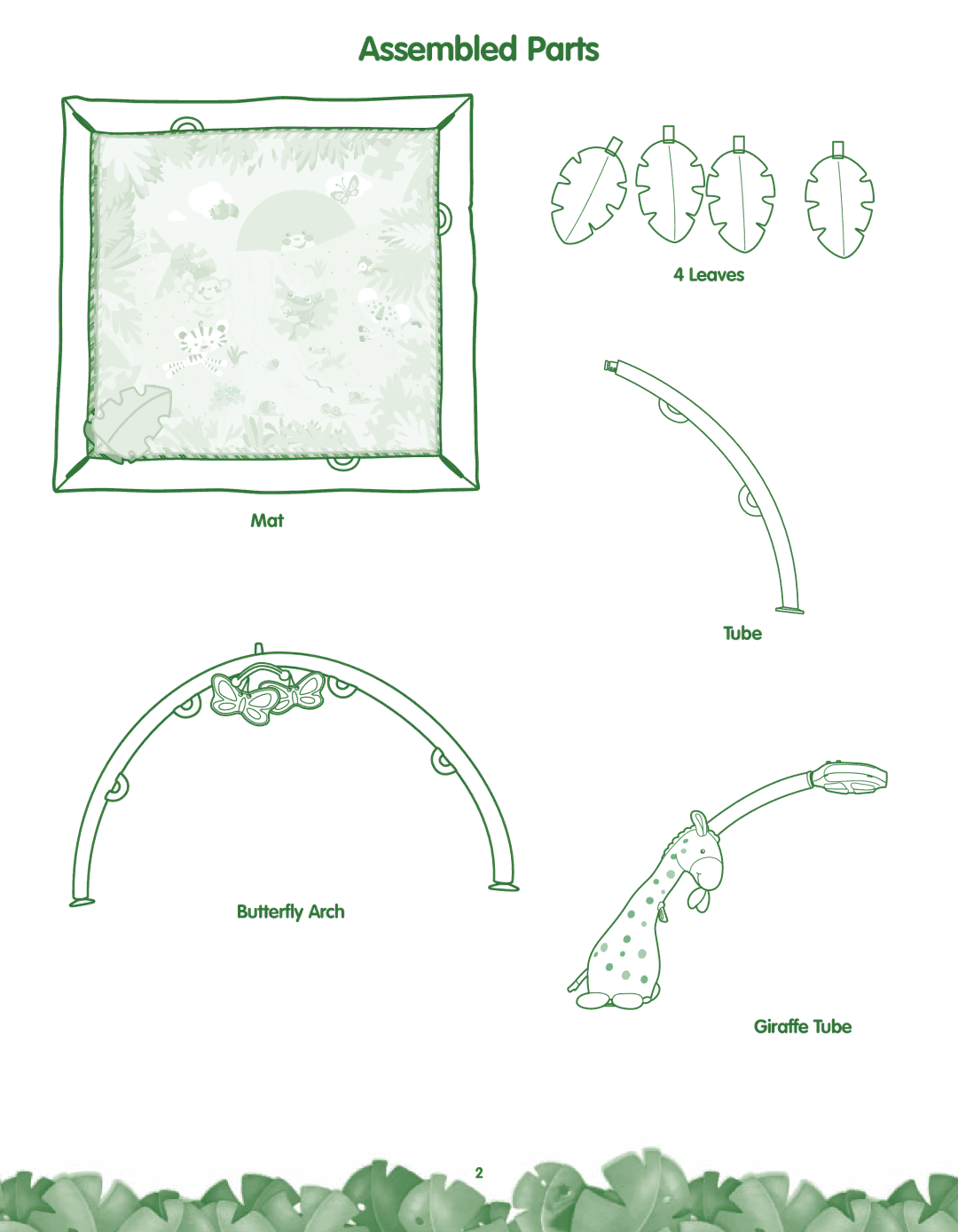 Fisher-Price L1345, K4562 manual Assembled Parts, Leaves Mat Tube Butterﬂy Arch Giraffe Tube 