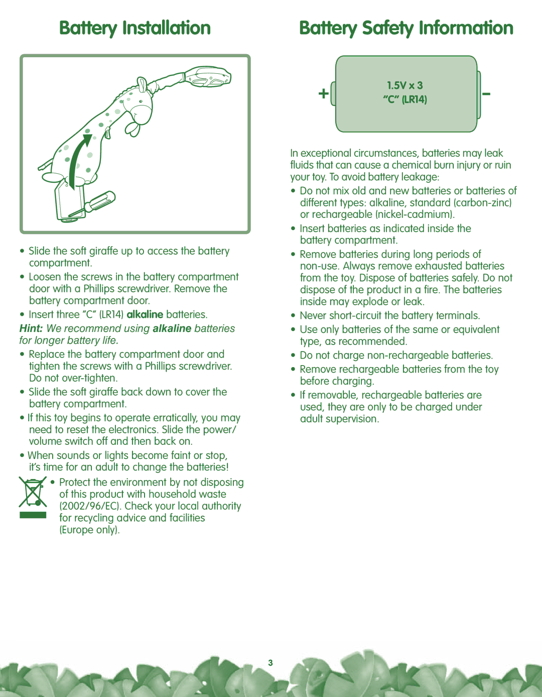 Fisher-Price K4562, L1345 manual Battery Installation, Battery Safety Information, 5V x LR14 