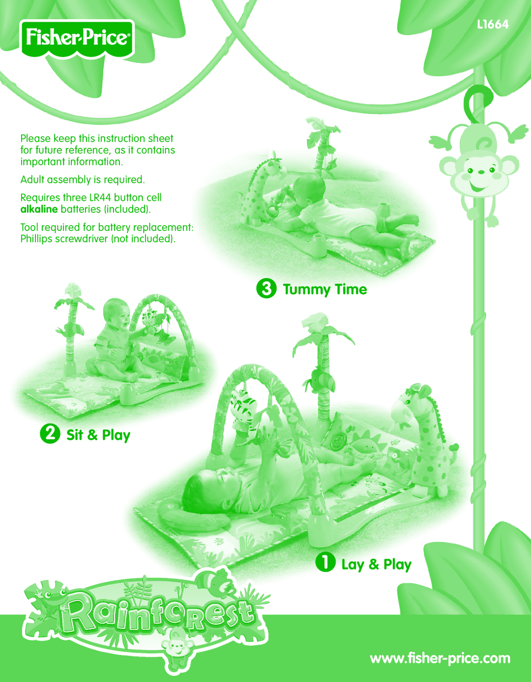 Fisher-Price L1664 instruction sheet Tummy Time Sit & Play Lay & Play 