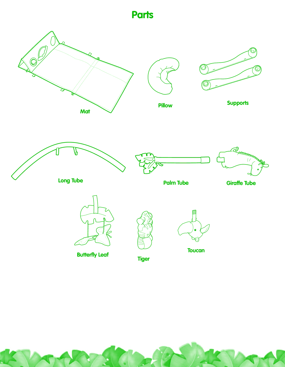 Fisher-Price L1664 instruction sheet Parts, PillowSupports Mat Long Tube Palm Tube, Butterfly Leaf Toucan Tiger 