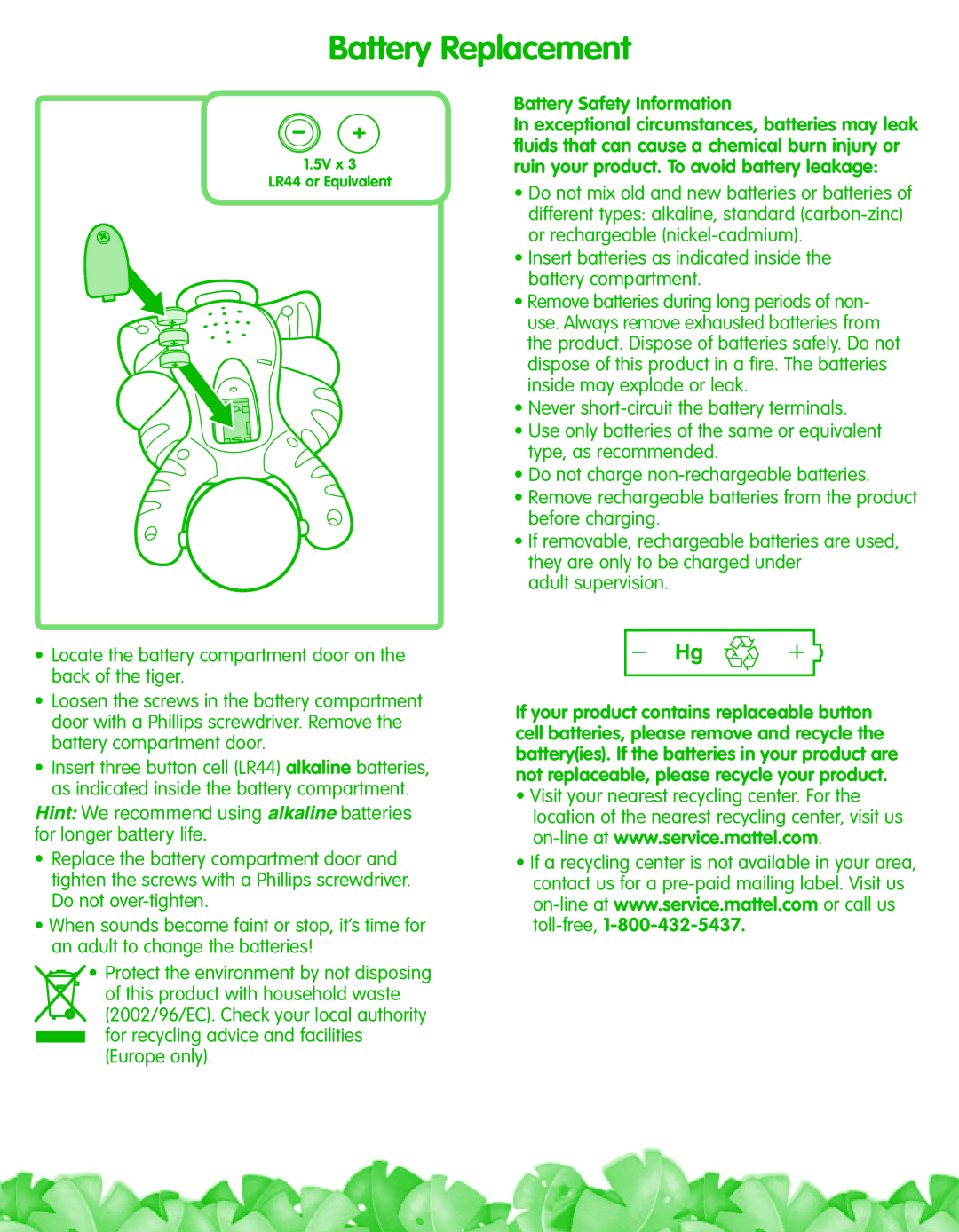 Fisher-Price L1664 instruction sheet Battery Replacement, Battery Safety Information 