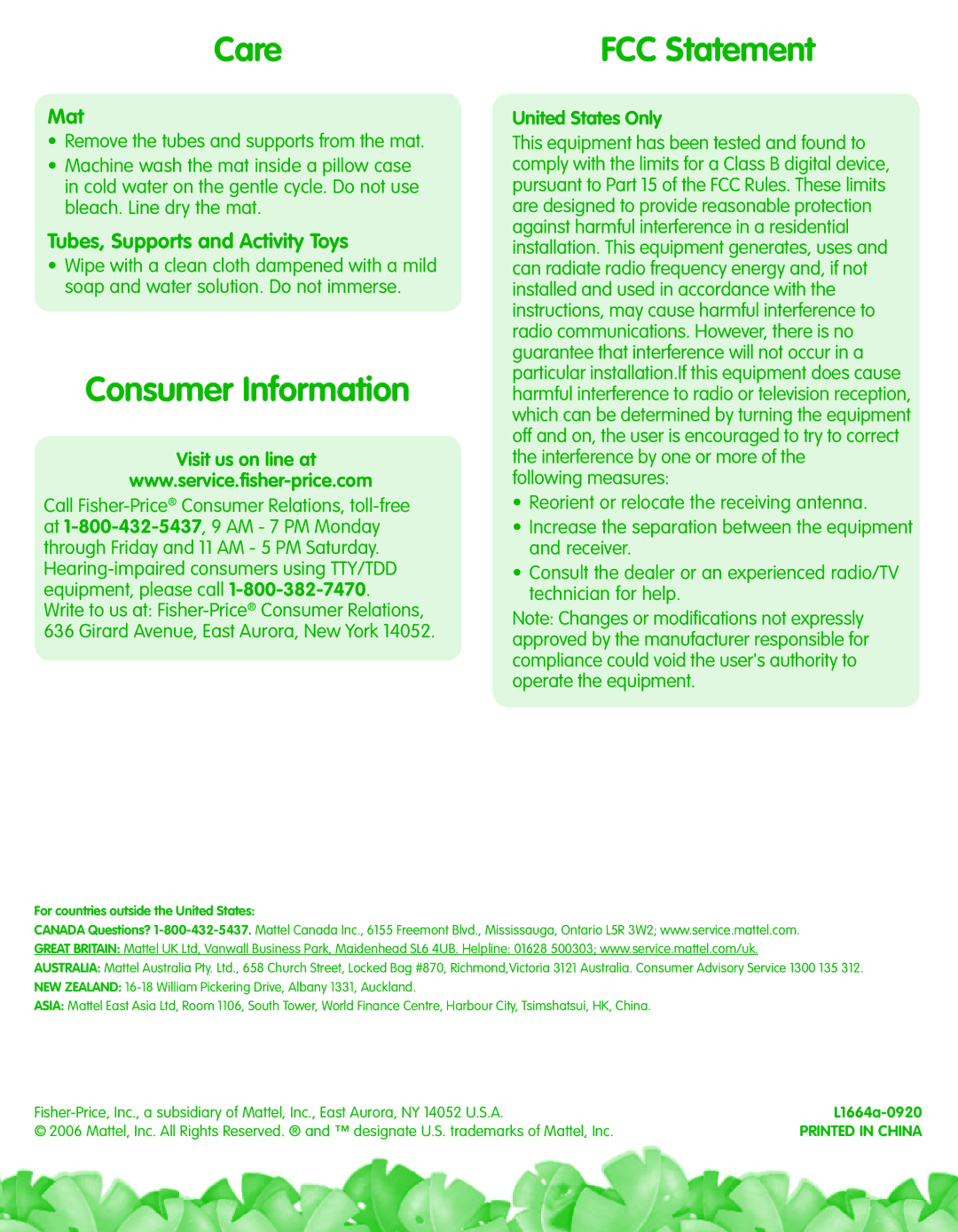 Fisher-Price L1664 instruction sheet Care, Consumer Information, FCC Statement, Visit us on line at, United States Only 