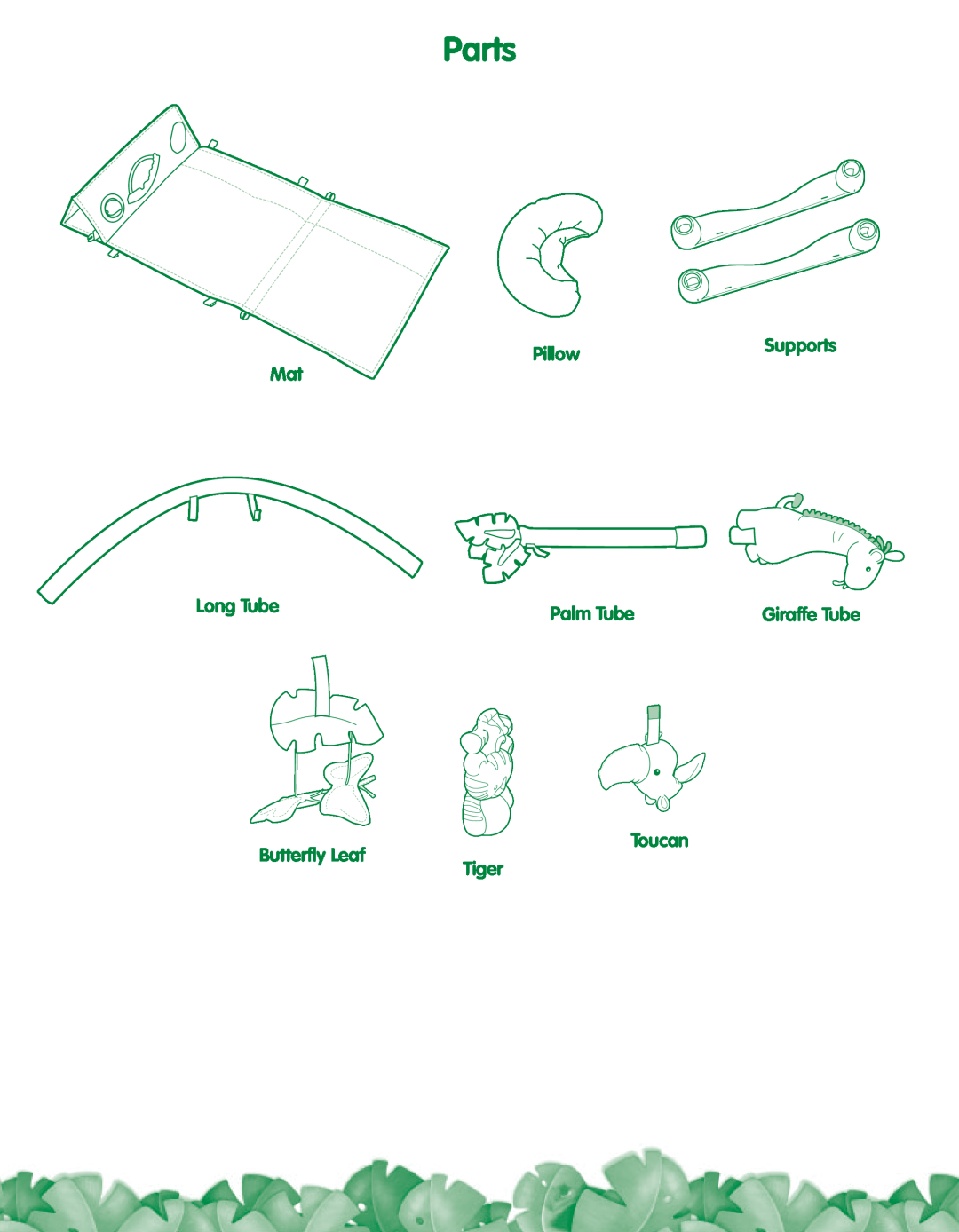Fisher-Price L1664 instruction sheet Parts, PillowSupports Mat, Long Tube, Palm Tube, Butterfly Leaf, Toucan, Tiger 